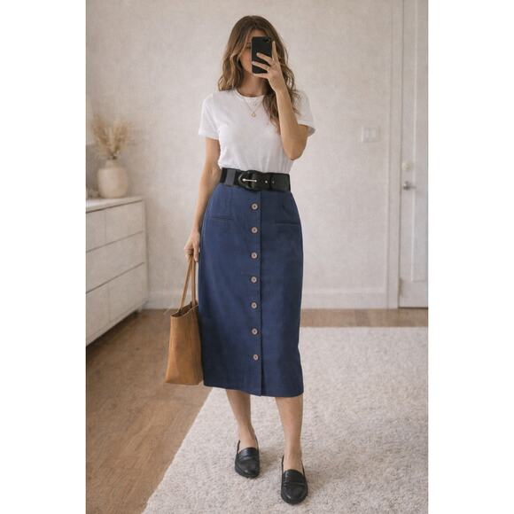 Sam Moire Dresses & Skirts - USA Made Academia Blue Button Front Midi Skirt 20W High Waist Office Old Money